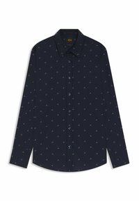 Camicia blu navy a maniche lunghe, con colletto abbottonato e motivo di piccoli triangoli bianchi. Presenta bottoni blu e un orlo curvo.