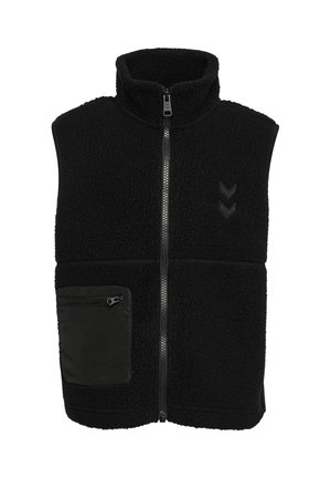 Schwarze Fleeceweste ohne Ärmel mit hohem Kragen, Frontreißverschluss und Reißverschluss-Tasche auf der linken Seite. Zwei Chevron-Logos auf der rechten Brust.