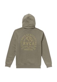 Olijfgroene hoodie met een grote grafische afdruk in lichtbruin die "RVCA" leest, omringd door tekst en een bergontwerp. Van katoen.