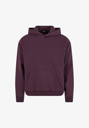 Tmavo fialová mikina s kapucňou a klokankou, s rebrovanými manžetami a lemom. Hladký povrch a nastaviteľná šnúrka na kapucni.
