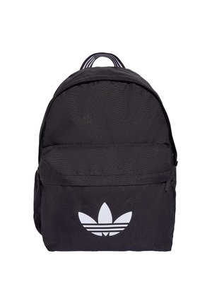 Musta reppu, jossa etutasku vetoketjulla ja valkoinen Adidas trefoil -logo keskitettynä taskuun, yksittäinen yläkahva mustavalkoisilla raidoilla.