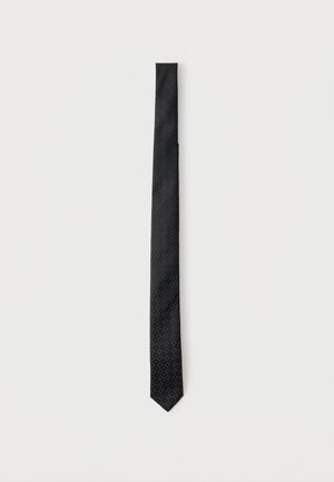 Black slim necktie with subtle textured diamond pattern, displayed flat on a white background.