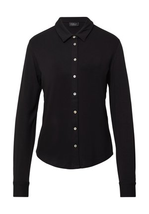 Zwarte langemouwen shirt met een button-down kraag, met een voorflap met zilveren knopen en een gladde, gestructureerde stof.