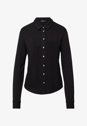 Zwarte langemouwen shirt met een button-down kraag, met een voorflap met zilveren knopen en een gladde, gestructureerde stof.
