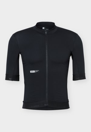 Schwarzes Fahrradtrikot mit kurzen Ärmeln, Frontreißverschluss, kleinem weißen "SRK Sportful Riders Kits"-Logo und dezentem Branding an Ärmeln und Saum.