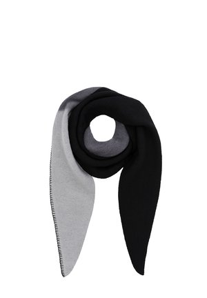 Knit scarf featuring black, gray, and light gray sections, with a smooth texture and contrasting stitching along the edges. Twisted design.