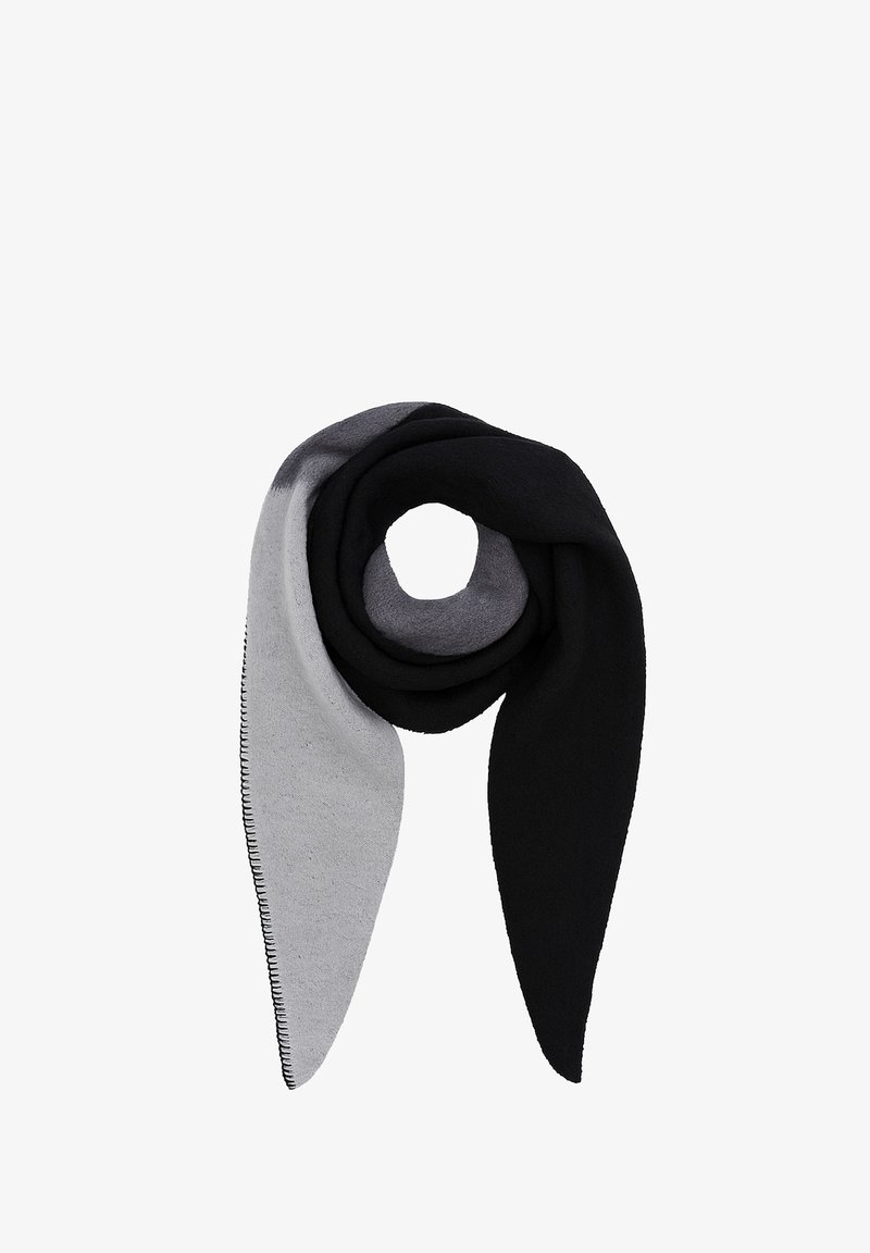 Knit scarf featuring black, gray, and light gray sections, with a smooth texture and contrasting stitching along the edges. Twisted design.