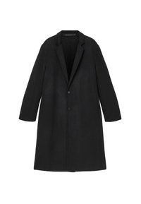 Palton negru din lână, cu o formă lungă și dreaptă. Dispune de guler cu tăietură, două butoane și buzunare laterale. Textură netedă, detalii de design minime.