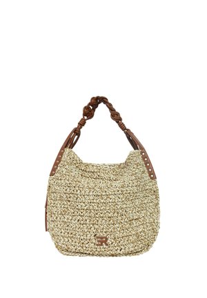 Borsa in paglia intrecciata con manico in pelle marrone intrecciata e dettagli in pelle marrone, con piccolo logo metallico davanti.