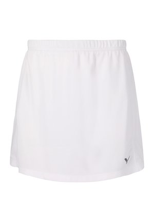 Hvid atletisk nederdel med elastisk talje og lille gråt logo i nederste højre side, designet til sportsbrug.