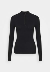 Haut noir à manches longues côtelées avec col montant et fermeture zippée au quart, présentant une texture lisse et une coupe ajustée.