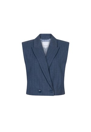 Blauw met fijne strepen mouwloze blazer met een reverskraag, dubbele knoopsluiting en een gestructureerd ontwerp. Gemaakt van een lichtgewicht stof.