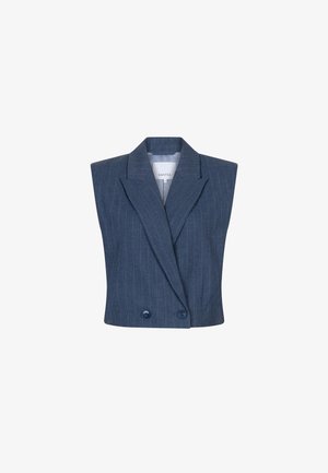 Blauw met fijne strepen mouwloze blazer met een reverskraag, dubbele knoopsluiting en een gestructureerd ontwerp. Gemaakt van een lichtgewicht stof.