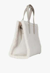 Borsa bianca con manici in pelle grigia, bordi in tessuto testurizzato e forma leggermente strutturata. Esterno liscio con bordatura morbida e foderata.