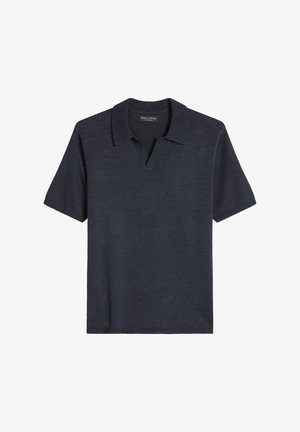 Polo en maille bleu marine à manches courtes, col ouvert et bords côtelés, étiqueté Marc O'Polo.