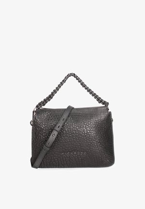 Borsa a tracolla nera in pelle con finitura testurizzata, dotata di una tracolla a catena intrecciata e di una tracolla in pelle regolabile. Logo visibile sul davanti.