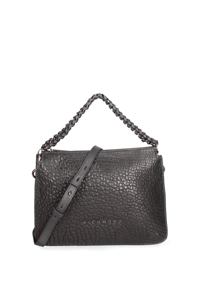 Borsa a tracolla nera in pelle con finitura testurizzata, dotata di una tracolla a catena intrecciata e di una tracolla in pelle regolabile. Logo visibile sul davanti.