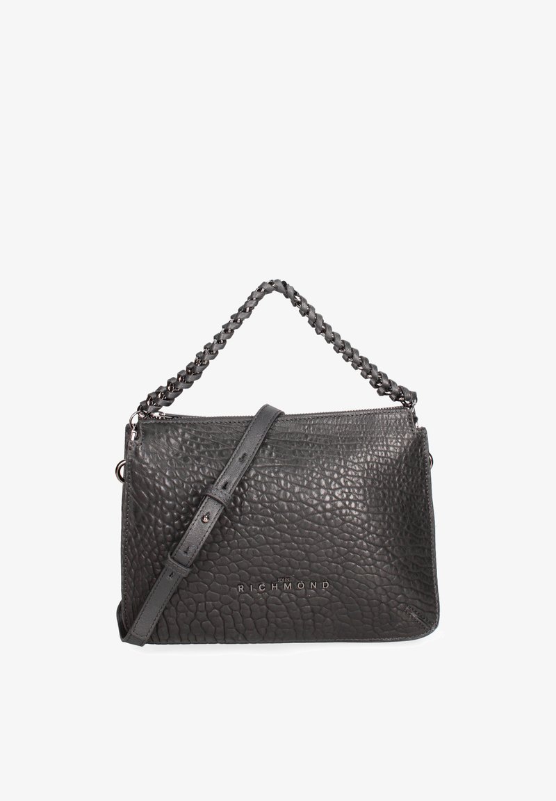 Borsa a tracolla nera in pelle con finitura testurizzata, dotata di una tracolla a catena intrecciata e di una tracolla in pelle regolabile. Logo visibile sul davanti.