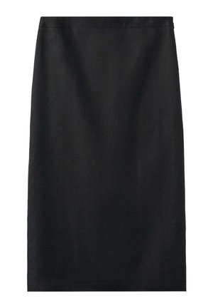 Jupe crayon noire longueur genou avec une coupe droite et une texture de tissu lisse, présentée sur fond blanc.