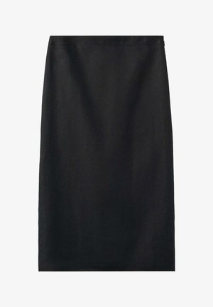 Jupe crayon noire longueur genou avec une coupe droite et une texture de tissu lisse, présentée sur fond blanc.