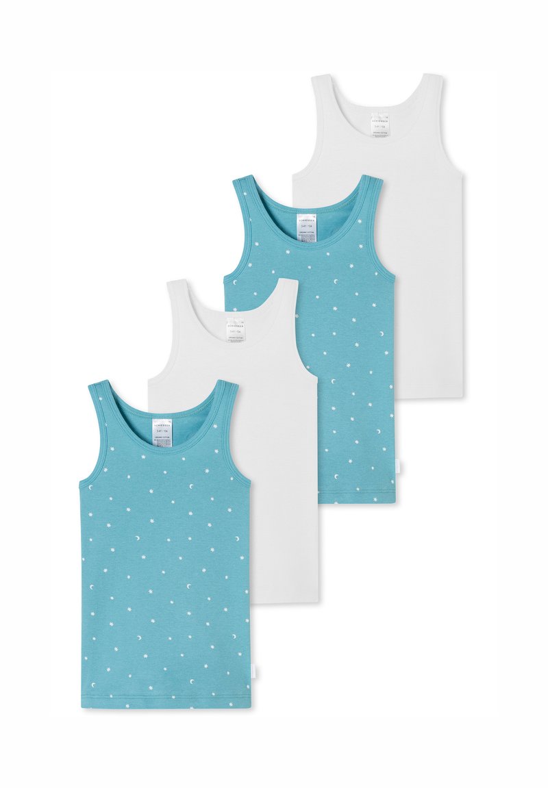 Four tank tops: two in solid white, two in light blue with small white stars and moons, featuring a round neckline and soft fabric.