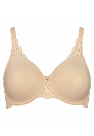 Beiger BH mit glatten Cups, Spitzenverzierungen entlang der Kanten und verstellbaren Trägern. Besitzt einen zentralen dekorativen Knopf. Weicher Stoff.