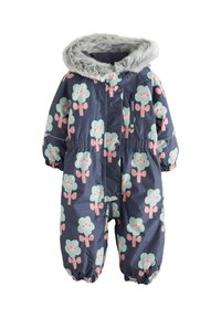 Navy blue snowsuit with a hood featuring light green tree patterns and pink accents. Made of waterproof material with elastic cuffs.