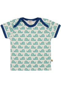 Kurzarm-Kinder-T-Shirt in Creme mit türkisfarbenen Schneckenmustern, marineblauen Akzenten und weichem Baumwollstoff. Mit Etikett am Saum.