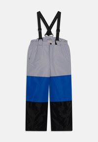 Kleurblokbroek met grijze, blauwe en zwarte secties, verstelbare zwarte bretels en een elastische tailleband voor een flexibele pasvorm.