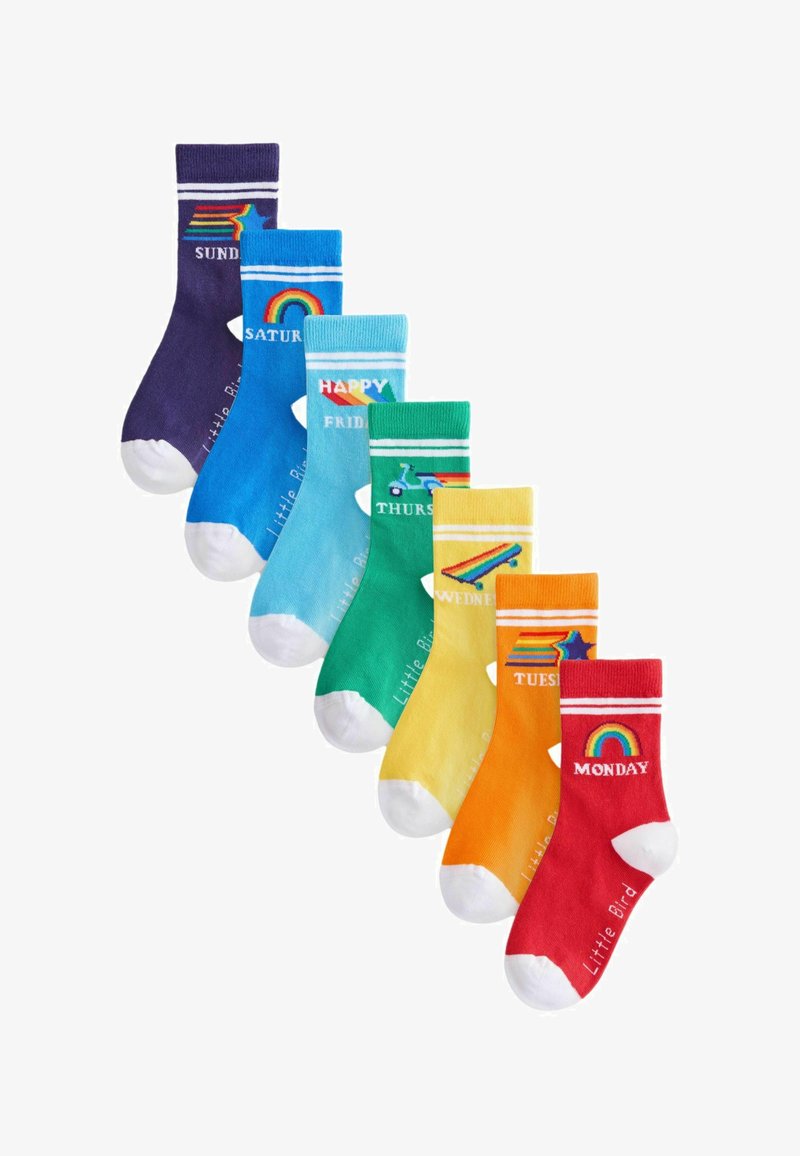 Colorful cotton socks, each featuring a day of the week, with various designs: rainbow, scooter, and stars, contrasting white toes and heels.