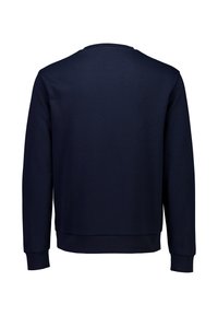 Felpa blu navy con scollo rotondo, maniche lunghe e polsini e orlo a costine. Texture liscia, senza motivi o dettagli visibili.