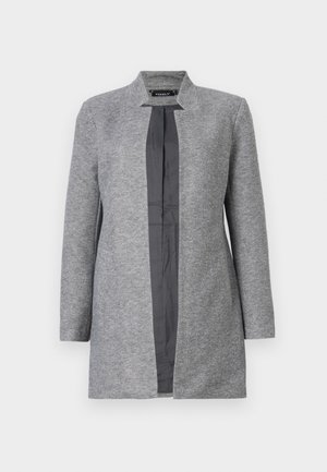 Manteau gris à manches longues avec un extérieur texturé, une doublure intérieure lisse gris, et un devant ouvert sans boutons ni fermetures.