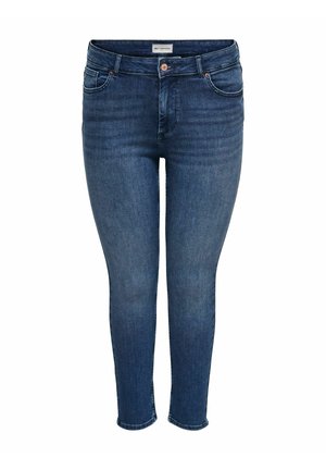 Jean skinny taille haute bleu foncé avec bouton sur le devant, fermeture éclair et cinq poches, présenté sur un fond blanc.