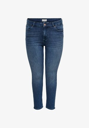 Tmavomodré úzke džínsy s vysokým pásom, vybavené predným zapínaním na gombík, zipsom a štýlom s piatimi vreckami, zobrazené na bielom pozadí.