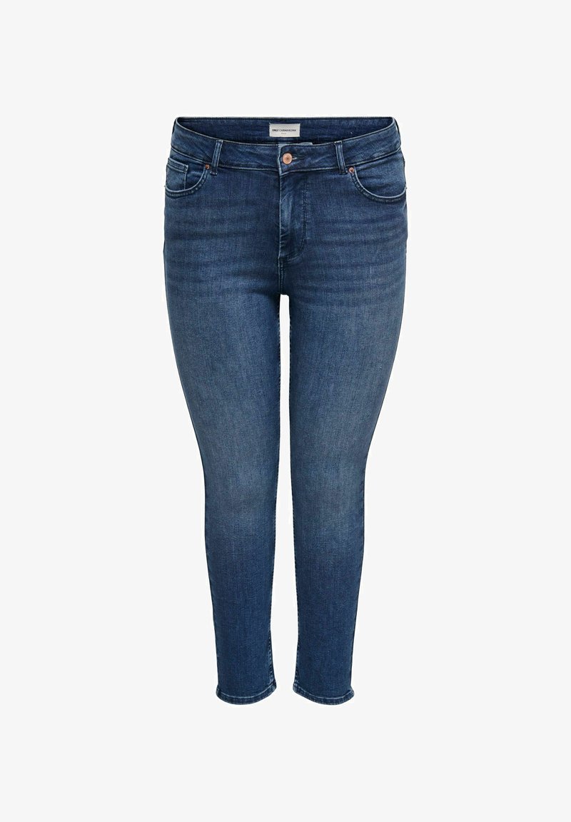 Blugi skinny albastru închis cu talie înaltă, cu nasture frontal, închidere cu fermoar și design cu cinci buzunare, prezentați pe un fundal alb.