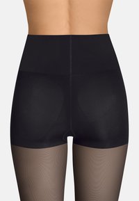 Zwarte hooggeknipte shapeshorts met een gladde tailleband en doorzichtige zwarte gaasbenen, ontworpen voor een strakke pasvorm en een naadloze uitstraling.
