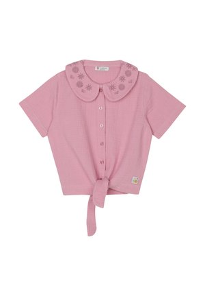 Kurzärmlige pinke Bluse mit gebundenem Vorderteil, dekoriert mit einem bestickten Kragen mit Blumenmustern und Knopfverschluss. Weicher, strukturierter Stoff.