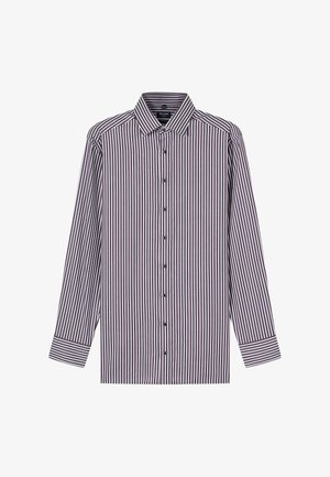 Langärmliges gestreiftes Hemd in Dunkellila und Weiß mit klassischem Kragen, vorderer Knopfleiste und kontrastierenden gestreiften Manschetten.