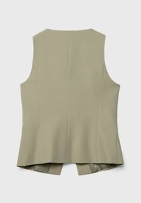 Ärmelloses, hellgrünes Oberteil mit glatter Textur, das einen Rückenschlitz und klare Linien aufweist. Schlichtes Design ohne Verschlüsse oder Verzierungen.