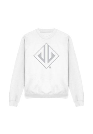 White sweatshirt with a grey geometric logo centered, featuring stylized mirrored letters within a diamond shape on the chest.