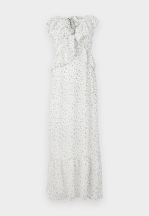 Floral maxi dress in white with blue and green prints. Features ruffled sleeves, a gathered waist, and a tiered hemline. Lightweight fabric.