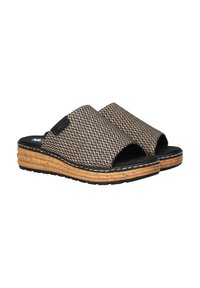 Slip-On Sandalen mit einem oberen Teil aus schwarz-beigem gewebtem Textil, offener Zehenpartie und einer gestuften Kork-ähnlichen Laufsohle. Schwarzes Fußbett.