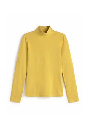 Yellow ribbed long-sleeve turtleneck top with a fitted design and a high collar. The fabric has a soft, textured appearance.