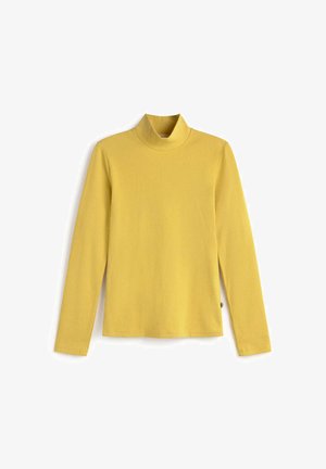 Yellow ribbed long-sleeve turtleneck top with a fitted design and a high collar. The fabric has a soft, textured appearance.