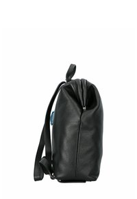 Zwarte leren tas met een gekorrelde afwerking, afgeronde vorm, trekkoordsluiting en een afneembare schouderband. Inclusief een blauwe accentdetail.