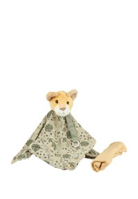 Plush lion head with a beige and green leaf-patterned blanket; includes a rolled yellow fabric. Soft texture, toy-like design.
