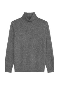Maglione grigio a collo alto in lavorazione a maglia testurizzata, caratterizzato da maniche lunghe e polsini a costine. Design semplice senza motivi o loghi visibili.