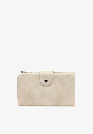 Béžová obdĺžniková peňaženka s textúrou, so zipsom na vrchu a preklopnou chlopňou so zapínaním na cvok v strede prednej strany.