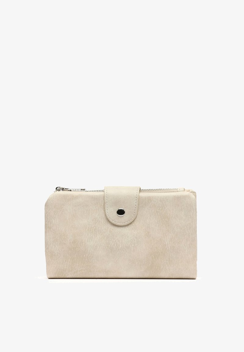 Béžová obdĺžniková peňaženka s textúrou, so zipsom na vrchu a preklopnou chlopňou so zapínaním na cvok v strede prednej strany.