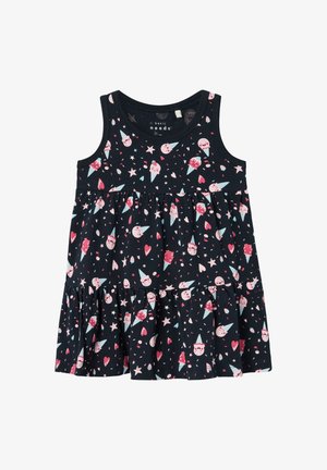 Vestito nero senza maniche con un design a strati, caratterizzato da un motivo giocoso di coni gelato, cuori e stelle in rosa e azzurro chiaro.